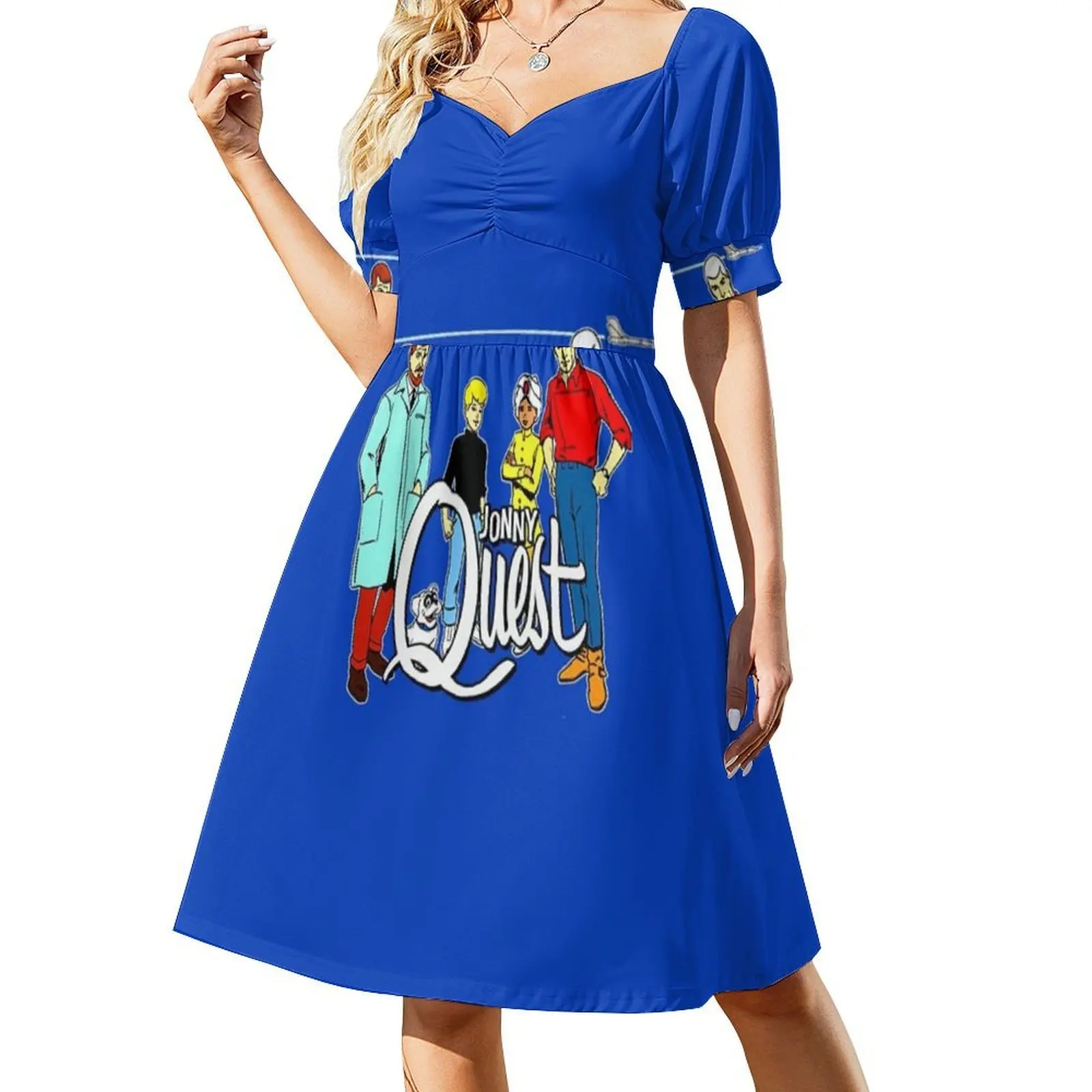 ชุดเดรสลายดอกไม้แบบไม่ซีดจางของจอนนี่ เควสสำหรับผู้หญิง ชุดลำลองสำหรับฤดูใบไม้ผลิและฤดูร้อนสำหรับงานปาร์ตี้ จอนนี่ เควส แอนิเมชั่นยุค 1970 70