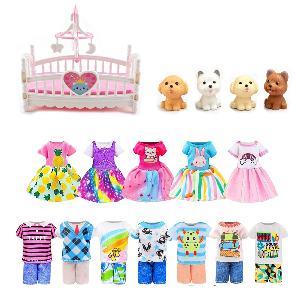 10 pcs/set 5.3 Inch Girl Doll Clothes Dress Outfits and Accessories | 5 Dress + 1 bed + 4 Pet Model Cute Mini Doll Accessory