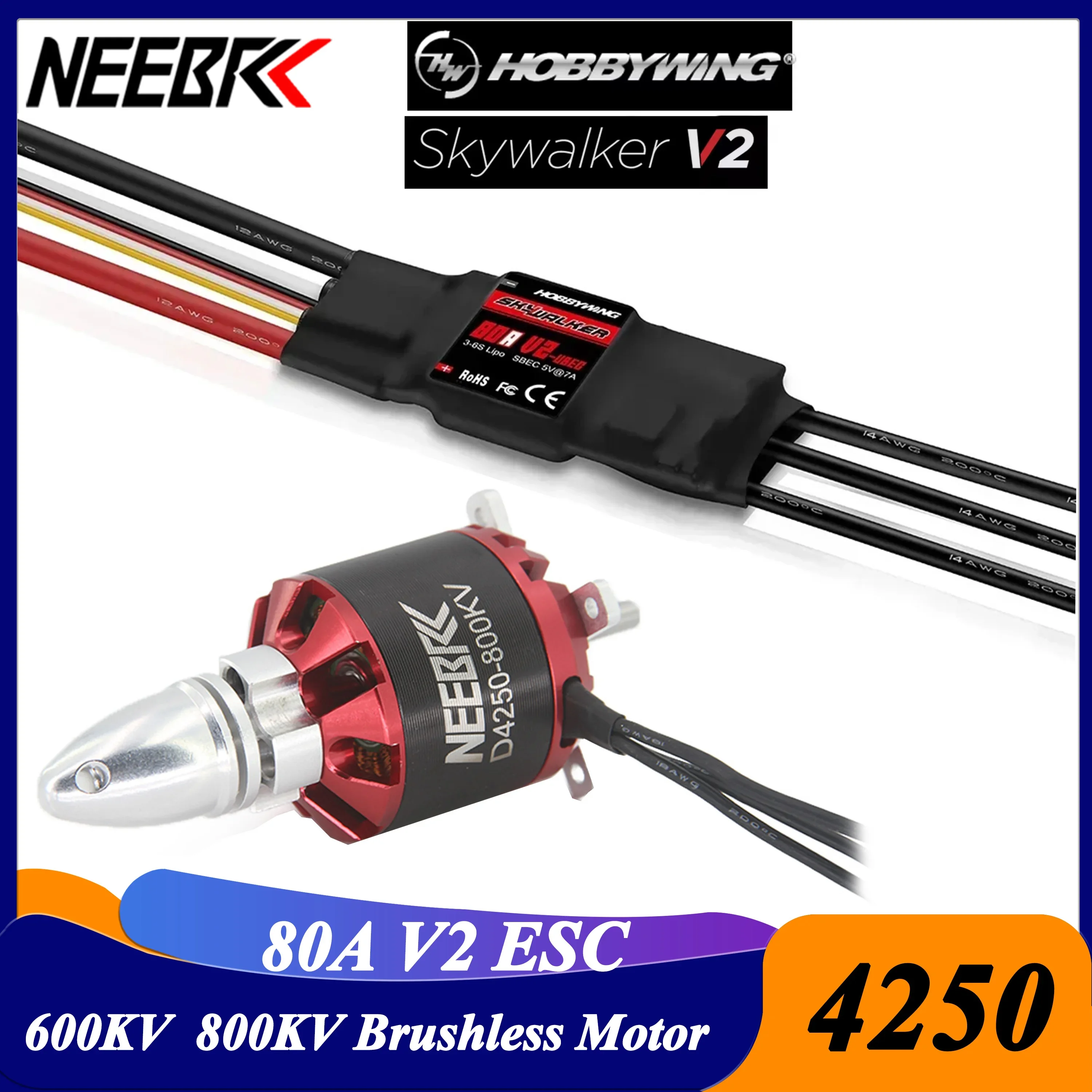 4250 600KV 800KV NEEBRC Brushless Motor 3-7S Hobbywing 80A V2 ESC Speed Controller for RC Fixed-wing Multicopter FPV Drone