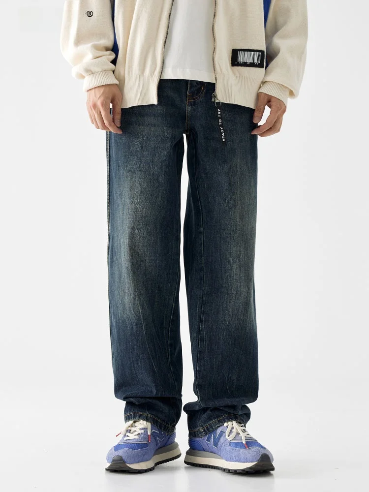 

UKTK мужские прямые винтажные джинсы повседневные универсальные свободные широкие брюки со средней талией на молнии хлопковая джинсовая ткань