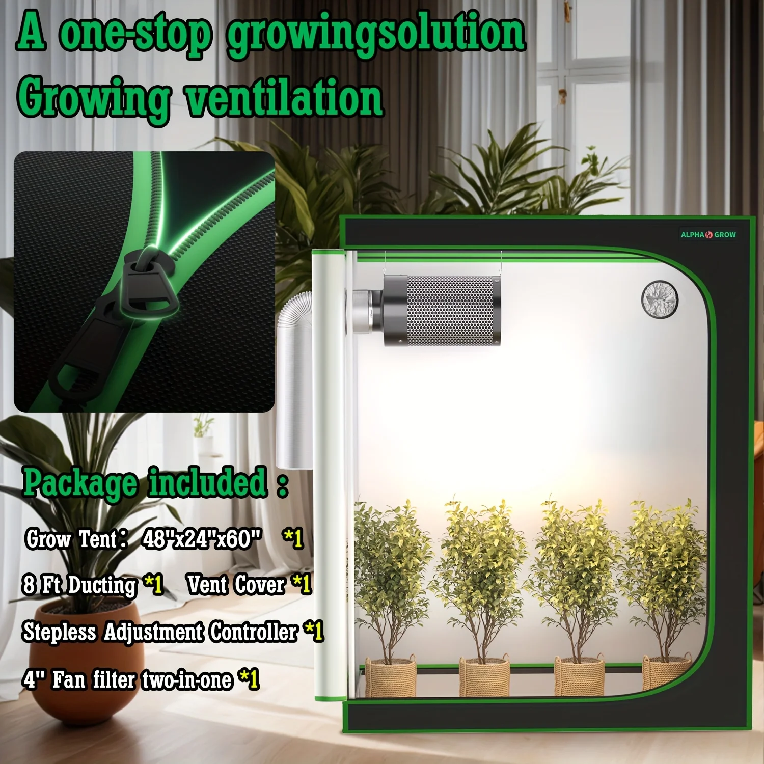 

ALPHAGROW 48"x24"x60" Indoor Grow Tent Kit With Built-In 210CFM Fan Filter Combo, Premium Charcoal Odor Control, Quiet Airflow,