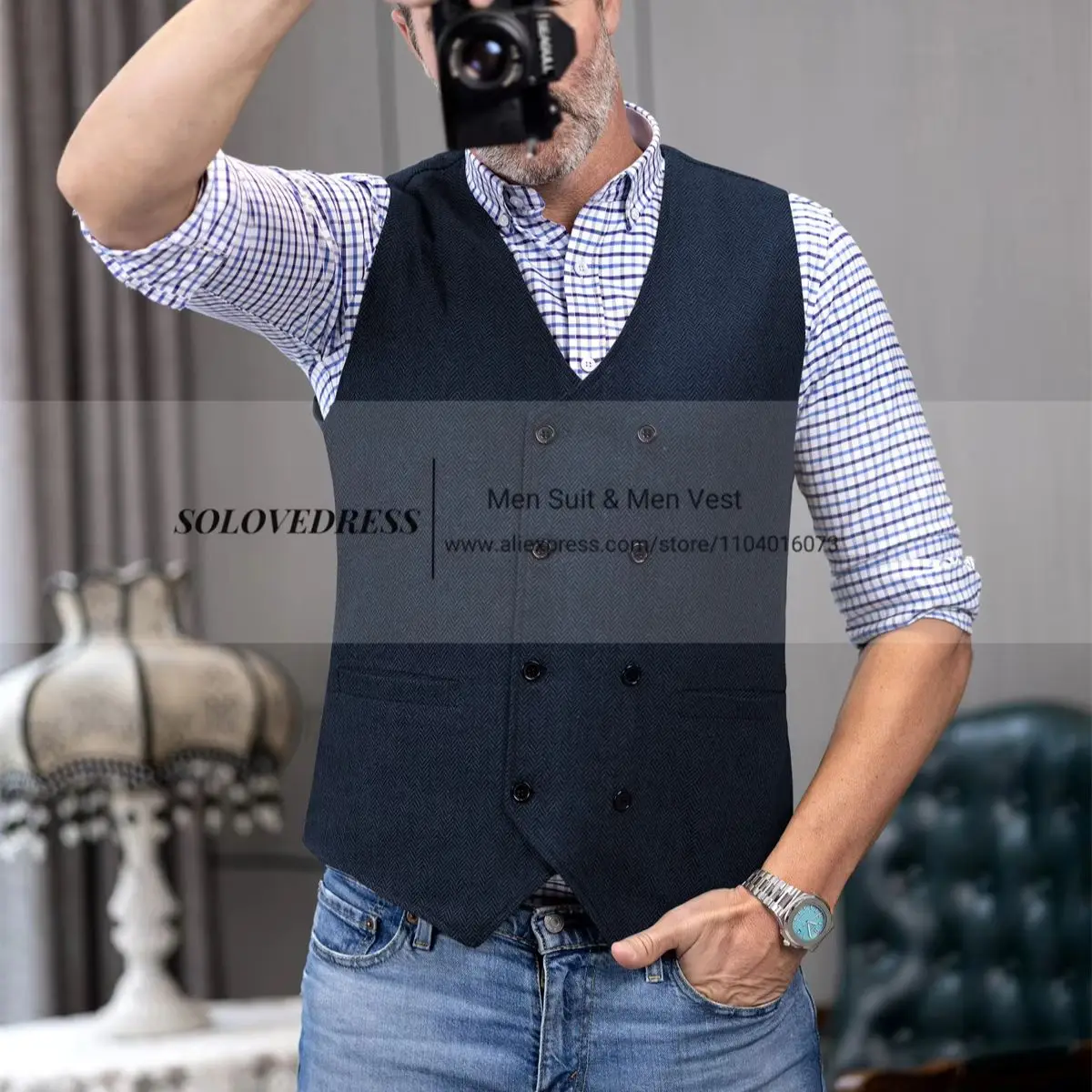 سترات بدلة رجالية برقبة على شكل V من الصوف المتعرج تويد مزدوجة الصدر صدرية سهرة لرفقاء الزفاف #4