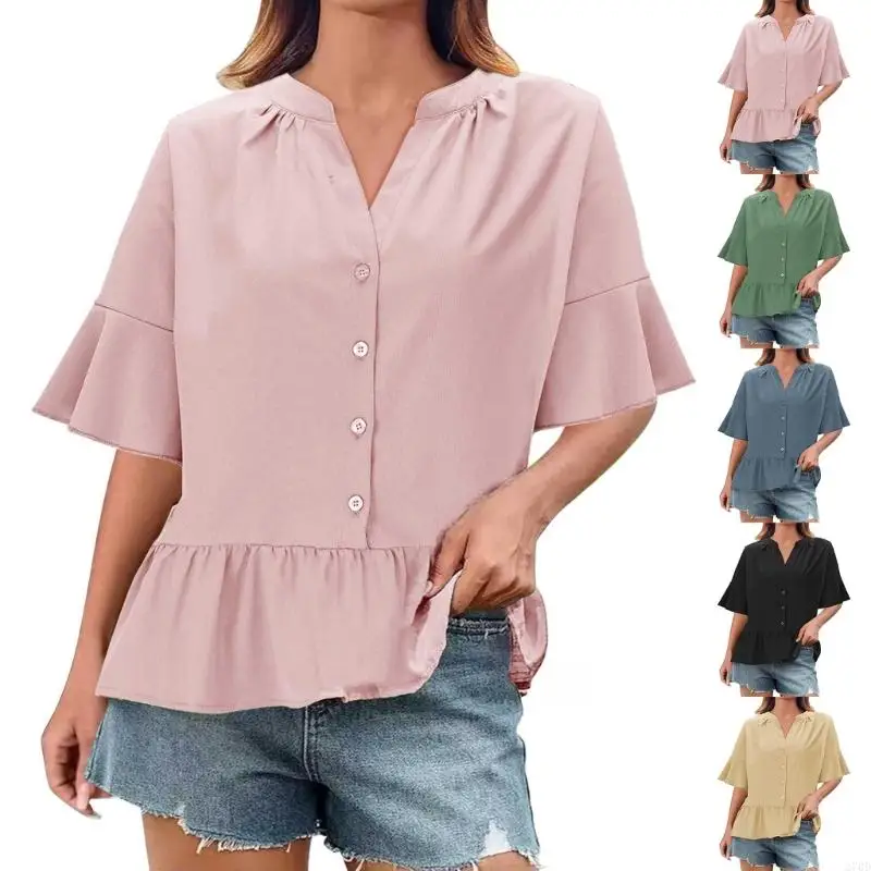 Chemisier plissé d'été à manches à volants pour femmes, col en V, boutons, chemises décontractées Y2K, tenues mignonnes, hauts à