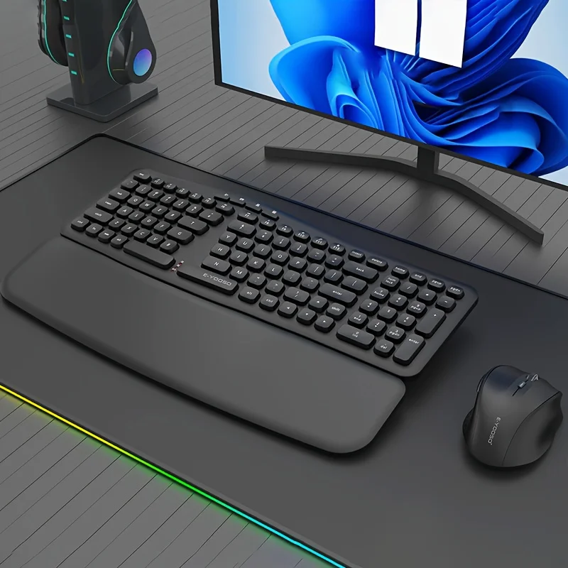 

E-YOOSO 2,4 ГГц беспроводной набор клавиатуры и мыши, эргономичный, с подставкой для запястий, автоматическим режимом сна, для дома, офиса и геймеров