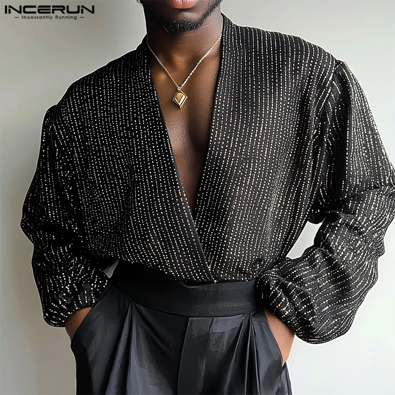 INCERUN Handsome New Men Tops 2024 Deep V-neck Polka Dot Design Cardigan Shirts Casual Streetwear Male Long Sleeved Blouse S-5XL