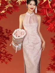 Gorgeous Chinese Style Robe Cheongsam Dress Wedding Banquet Bride Elegant Long Slit Retro Vintage Solid Pink Sleeveless Dress