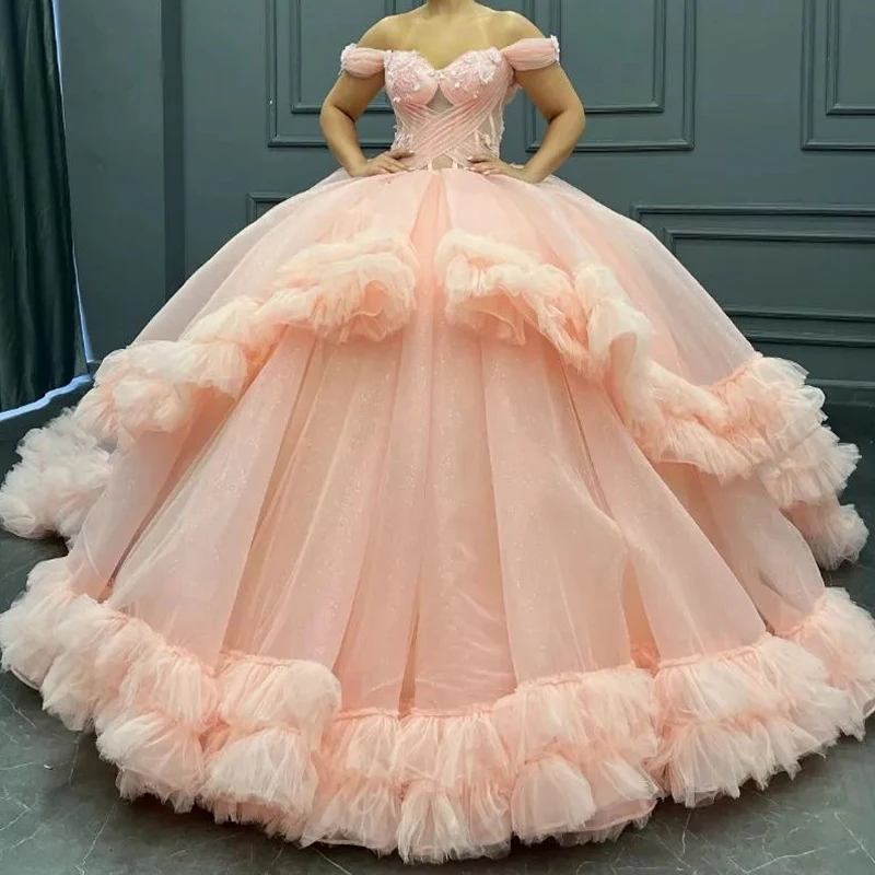 

Mexican Pink Quinceanera Dresses Ball Gown Off The Shoulder Lace Beaded Tiered Tull Corset Sweet 16 Dress Vestido 15 Anos