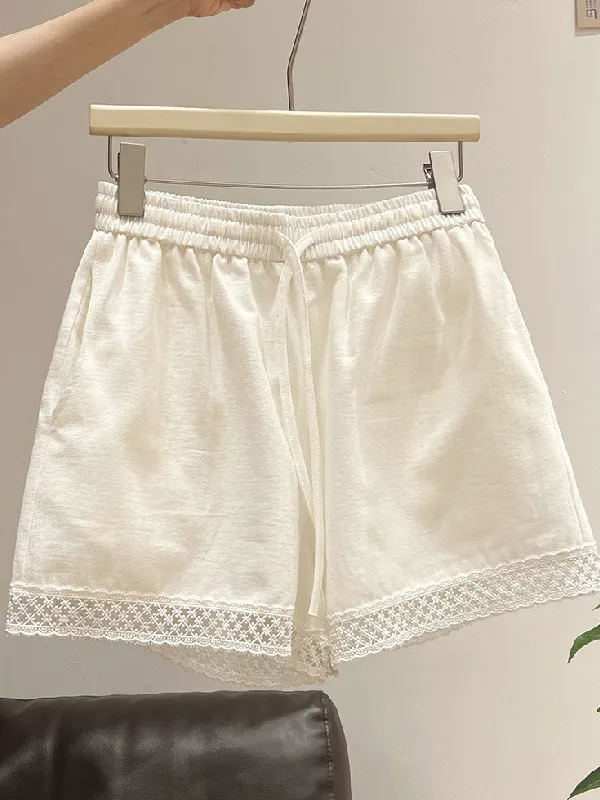 

plus Size White Low Waist Elastic Hook Embroidery 300 Pounds Simple Hollow out Floral Short Pants Loose Fit Summer Polyester