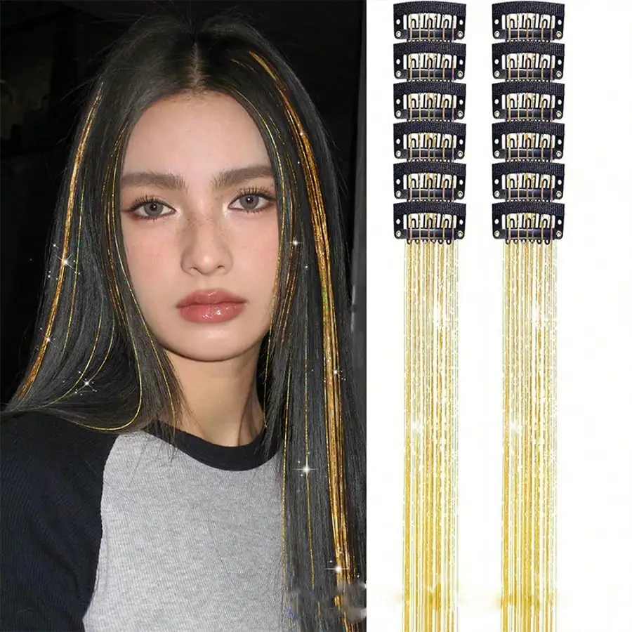 Seamless Hair Extension 12-Piece Laser Gold Wire Shimmer Ribbon Silk Straight Hair Wigs Dyed Imitation Color Hair Decorations