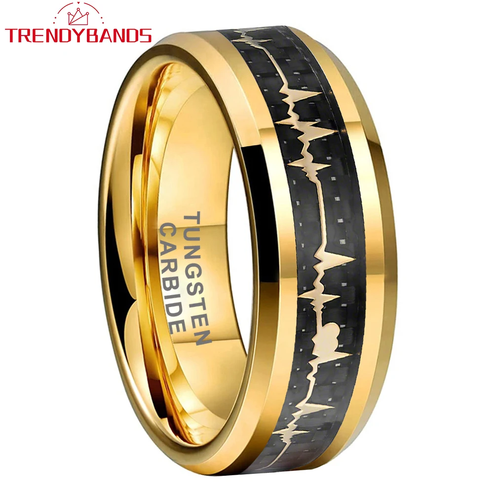 8mm Men Women Tungsten Carbide Couples Ring Heartbeat Wedding Band Black Carbon Fiber High Polished Finish Comfort Fit