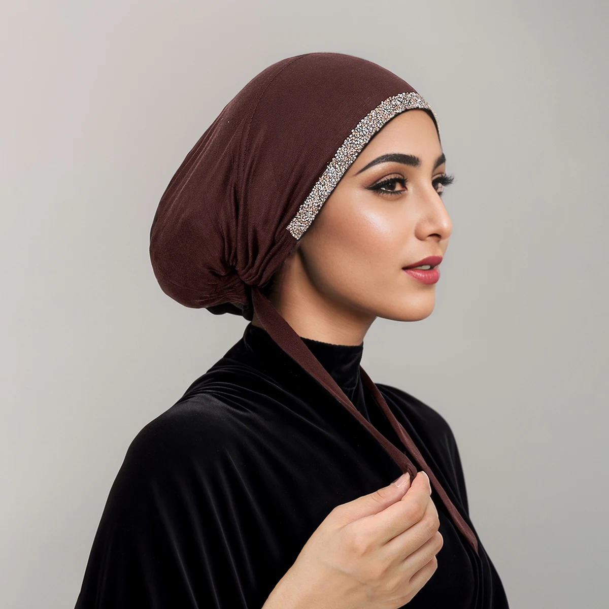 

Soft Modal Muslim Turban Hat Rhinestone Inner Hijab Caps Islamic Underscarf Bonnet India Hats Female Headwrap Turbante Mujer