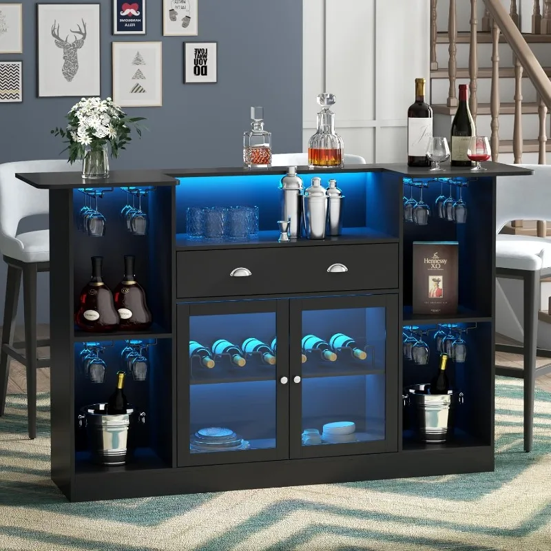 Bar Table Cabinet with LED & Drawer, Mini Liquor Bar with 8-Tier Storage & Stemware Holder, Wine Alcohol Bar Stand