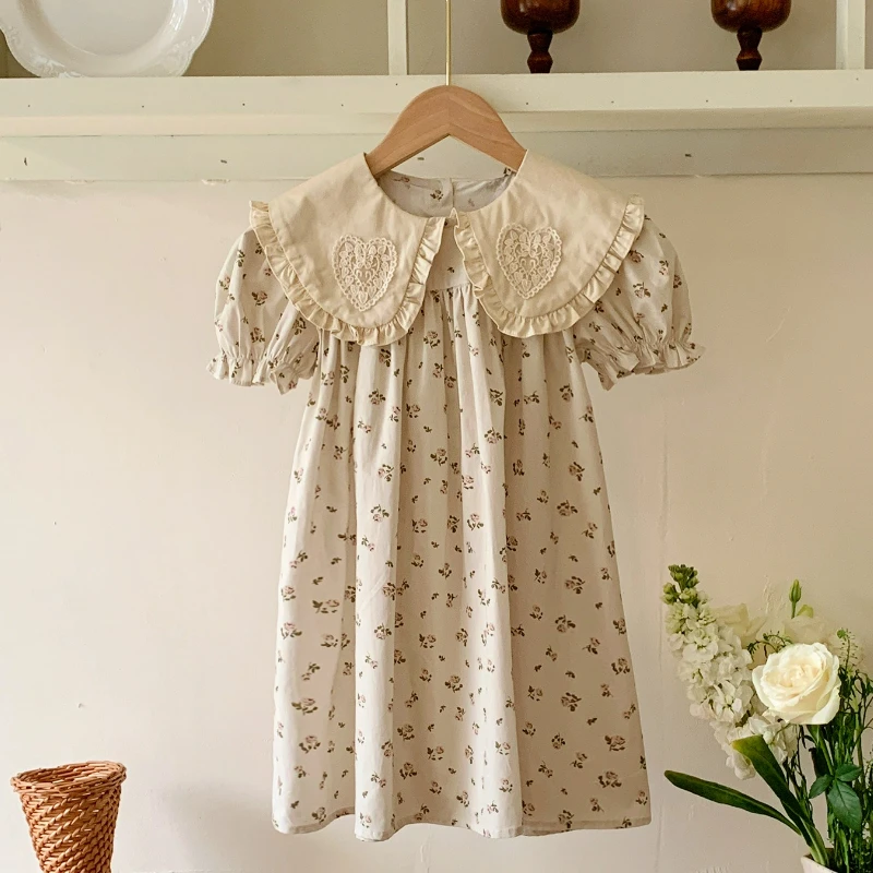 

Summer Lapel Print Lace Girls' Dress with Bubble Short Sleeved Sweet Korean Version Children's Princess Dress for Kids Girl