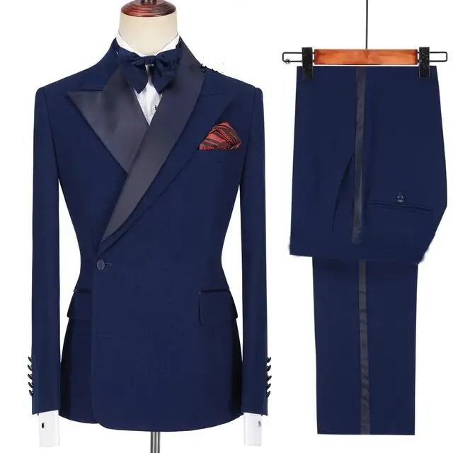 

Handsome Design Navy Blue Men Suits Double Breasted Wedding Slim Fit Groom Tuxedos 2 Pieces Prom Party Suits Jacket With Pants