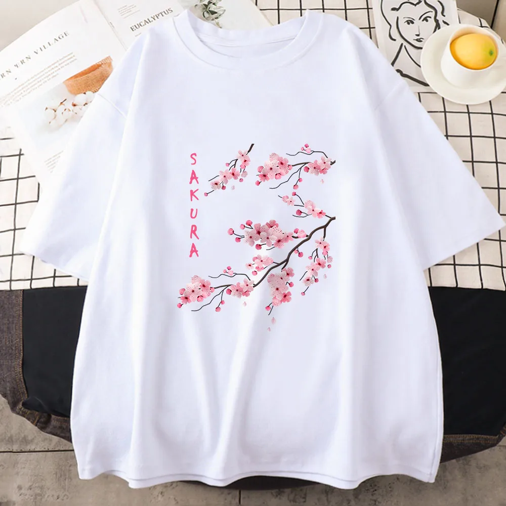 Sakura Cherry Blossom Women\'s T-shirt 100% Cotton Short Sleeve T Shirt Funny Lovely Print Tee Shirt Female Clothing High Quality