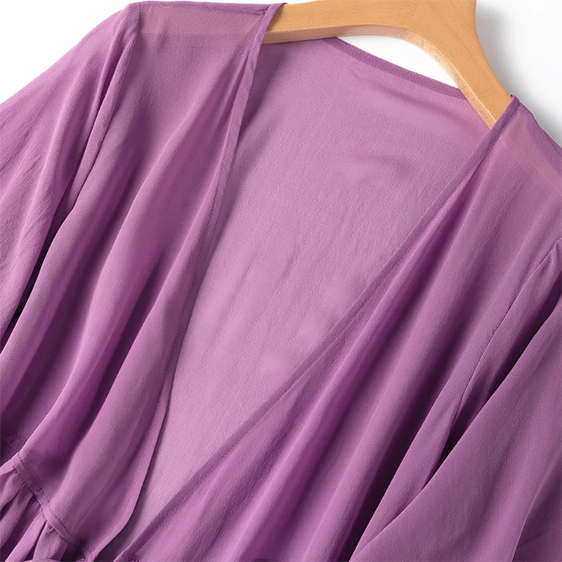 Women 100% Natural Silk Thin Type Transparent Purple Long Top Kimono Cardigan Shawl Coat Blouse Summer Beach Cover Up M1142