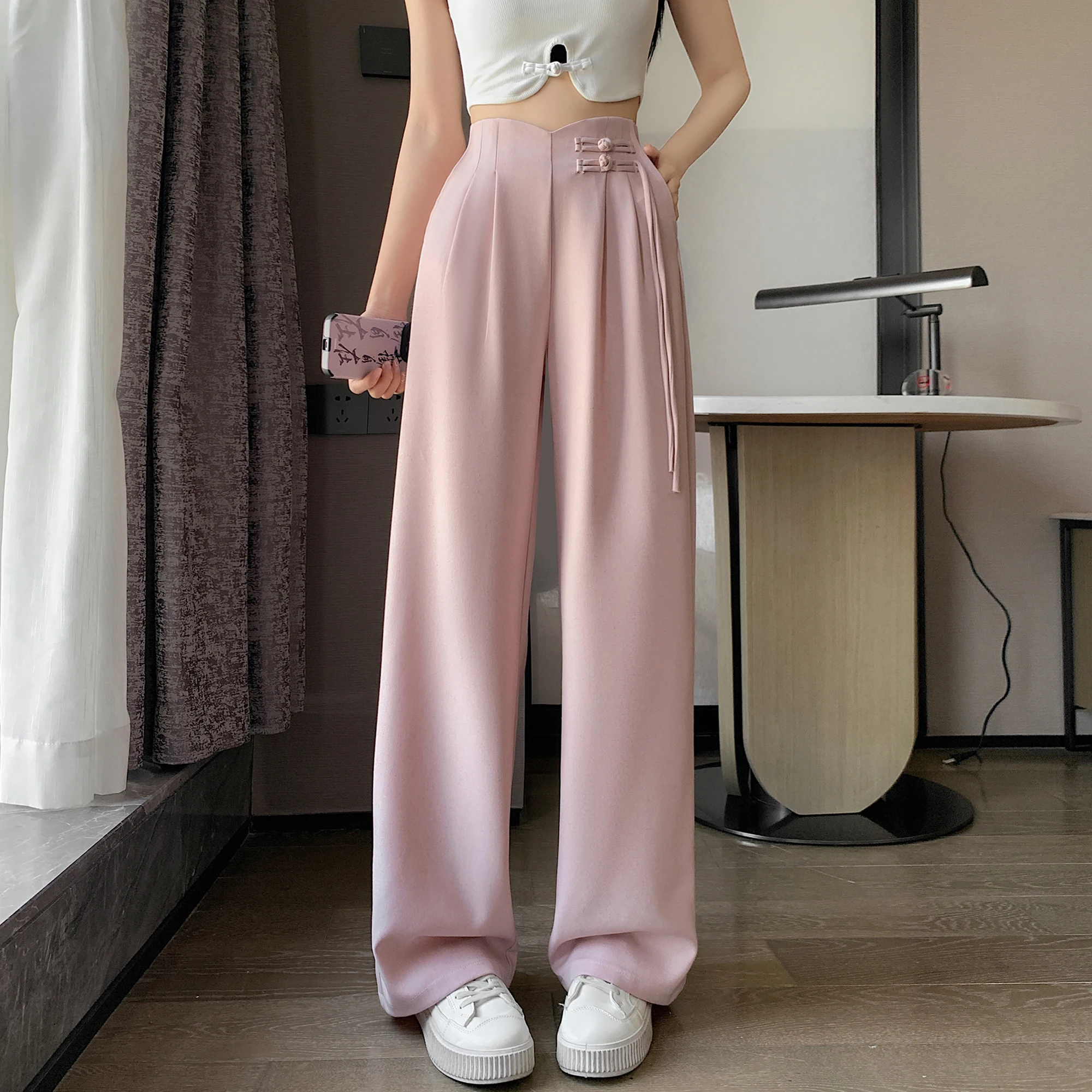 2024 New Linen High Waist Suit Wide Leg Women\'s Full Pants Spring Summer Female Elegant Minimalism Straight Loose Trousers