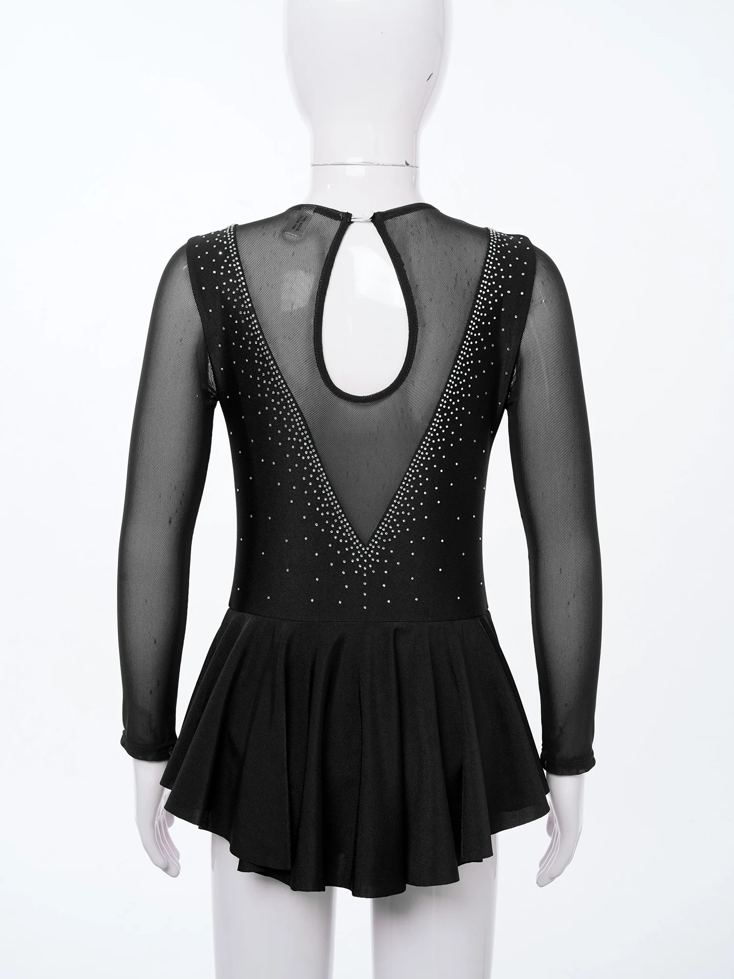 Girls Figure Ice Skating Dress Gymnastics Dance Ballet Tutu Leotard Costume Long Sleeve Rhinestone Mesh Splice Dress Dancewear