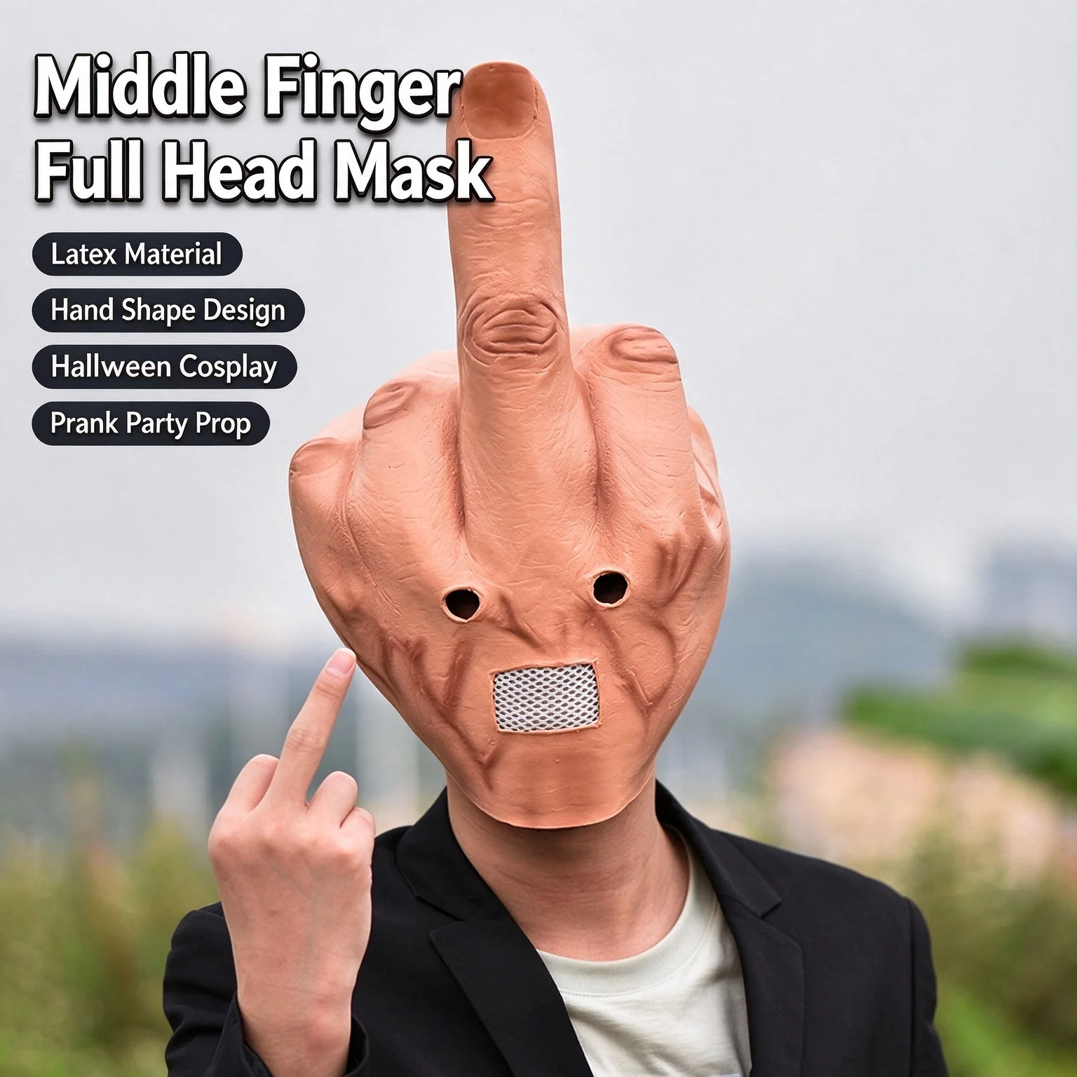 2026 Vertical Middle Finger Despises Headgear Latex Finger Mask Headgear Halloween Prank Mask Bar Performance Prank Funny Props