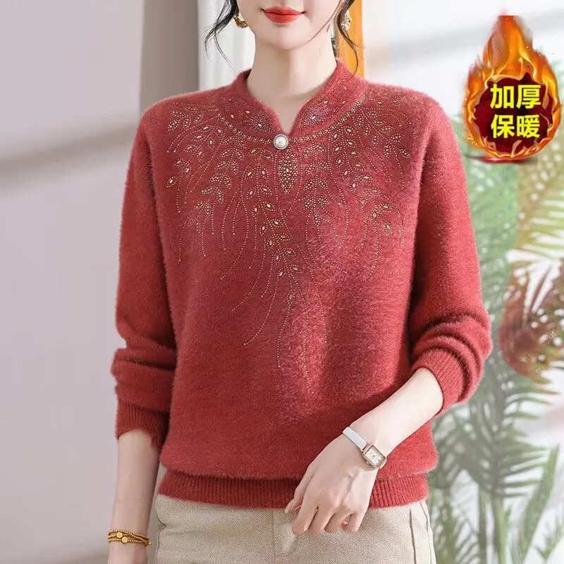 

Mother Winter Sweater Korean Loose Thicken Imitation Mink Velvet Knitted Pullover Sweater Middle Aged Elderly Women Warm Jumper
