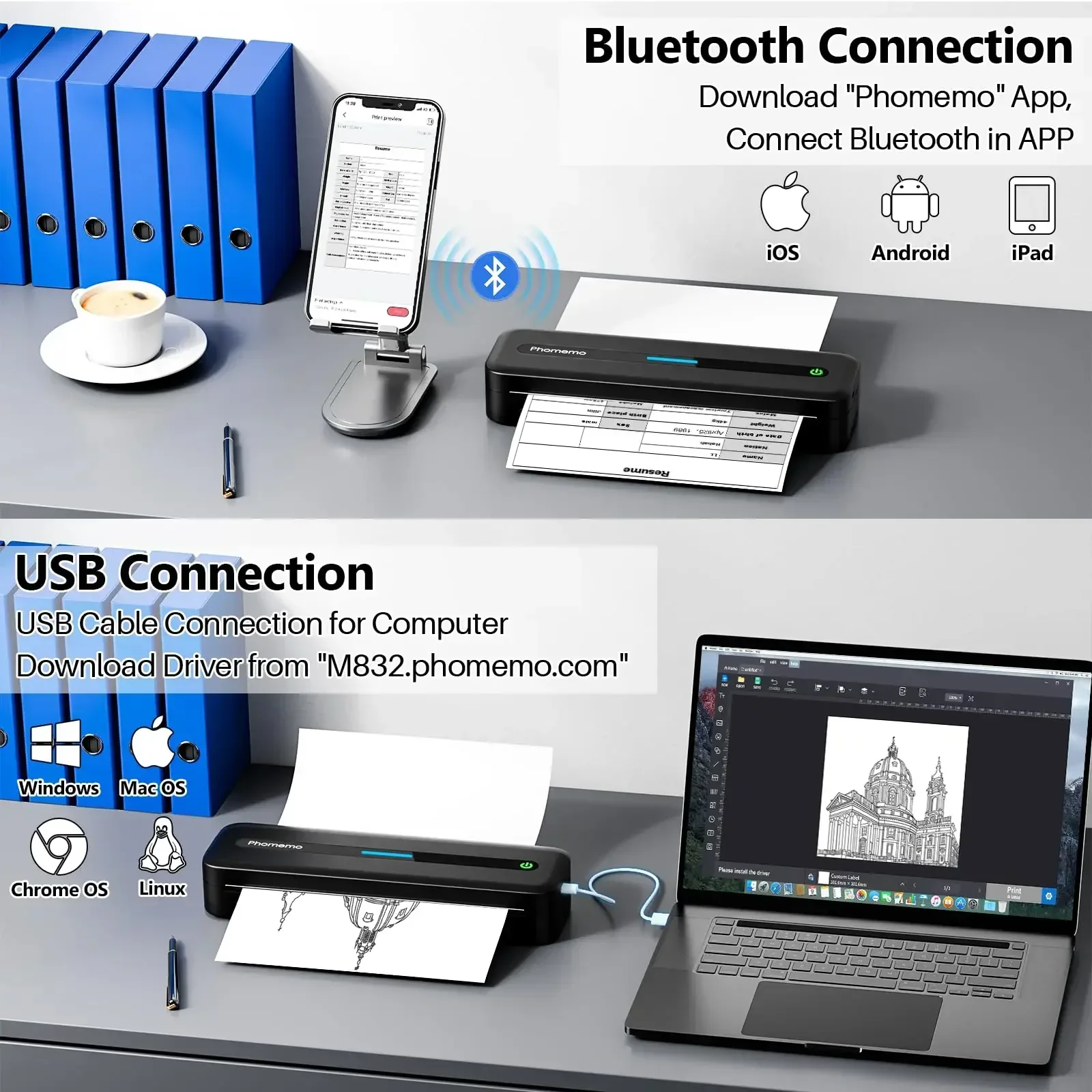 Phomemo M832 Portable Printer Bluetooth Thermal Tattoo Printer Inkless Support 50/80/110/Letter/A4/A5 Thermal Paper for Mobile