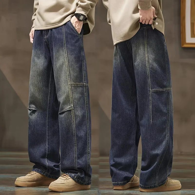 

Мужские винтажные джинсы в американском стиле с эффектом потертости, модные брюки с дизайнерскими вставками, свободные широкие штанины, молодежные повседневные джинсовые брюки для мужчин