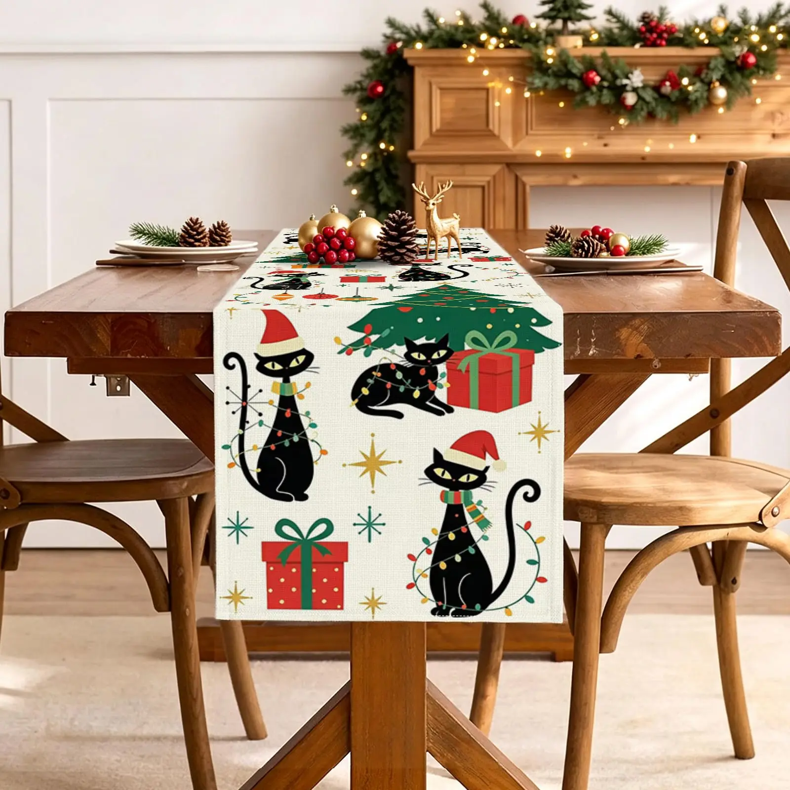 Mid Century Black Cat Christmas Table Runner Retro Xmas Tree Gift Box Linen Table Cover Holiday Dining Home Party Decor