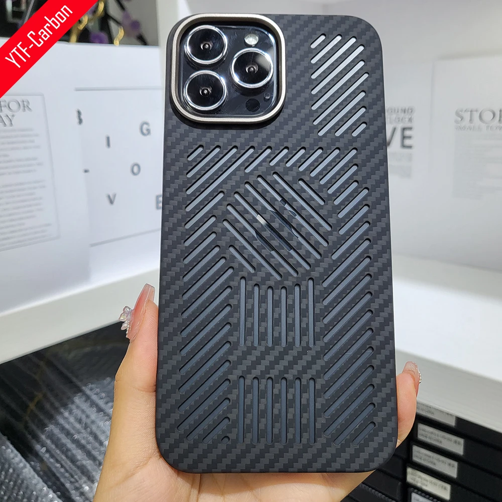 

YTF-carbon Real Carbon Fiber Skeletonized met Case iphone 14 Pro case,Aramid Fiber Ultra Slim Drop-proof iphone 13pro max case