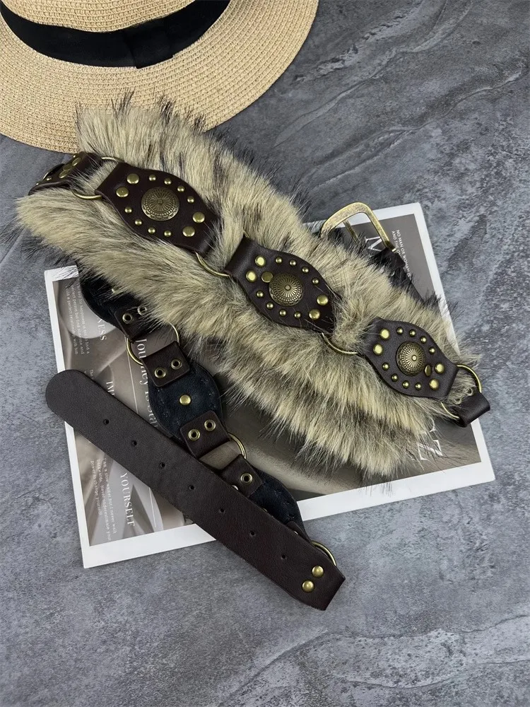 女性のフェイクファー PU レザーコルセット女性カマーバンドコートウエストバンドドレスデクラションワイドベルト J1585