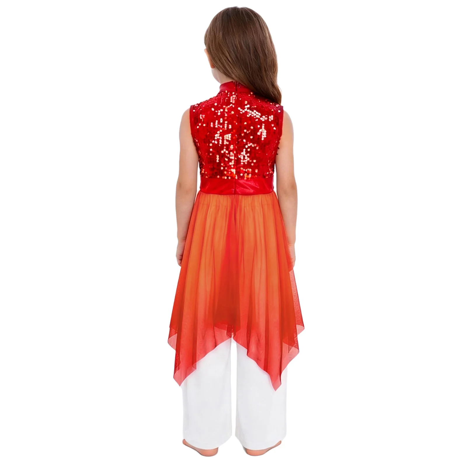 Kids Girls Liturgical Worship Praise Dance Outfit Mock Neck Sleeveless Asymmetrical Hem Sequins Bodice Tunic with Wide-Leg Pants