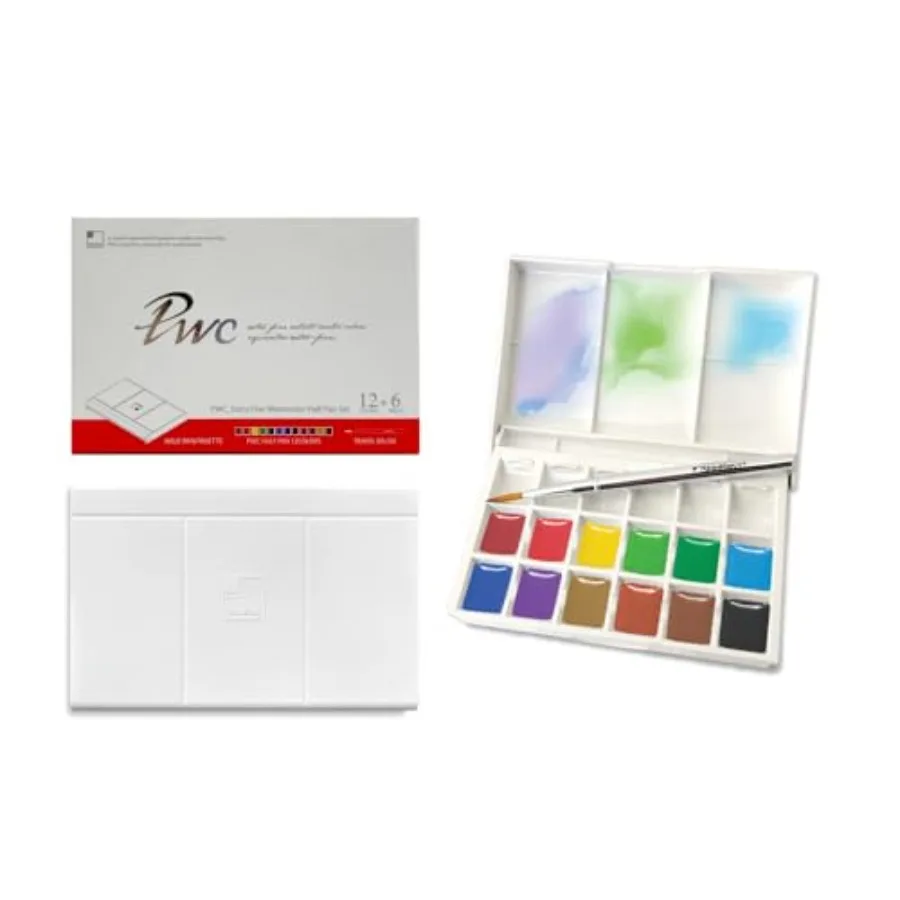 

Набор акварельных красок SHINHAN Extra Fine Watercolor Half Pan, 12 цветов + 6 ячеек, с дорожной кистью