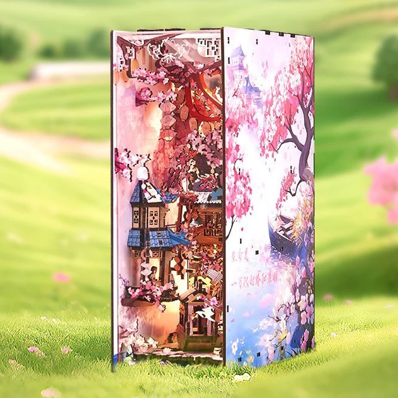 DIY Book Nook Wooden Miniature Model Kits Spring Cherry Blossom Bookend 3D Puzzle Bookshelf for Friends Birthday Gifts