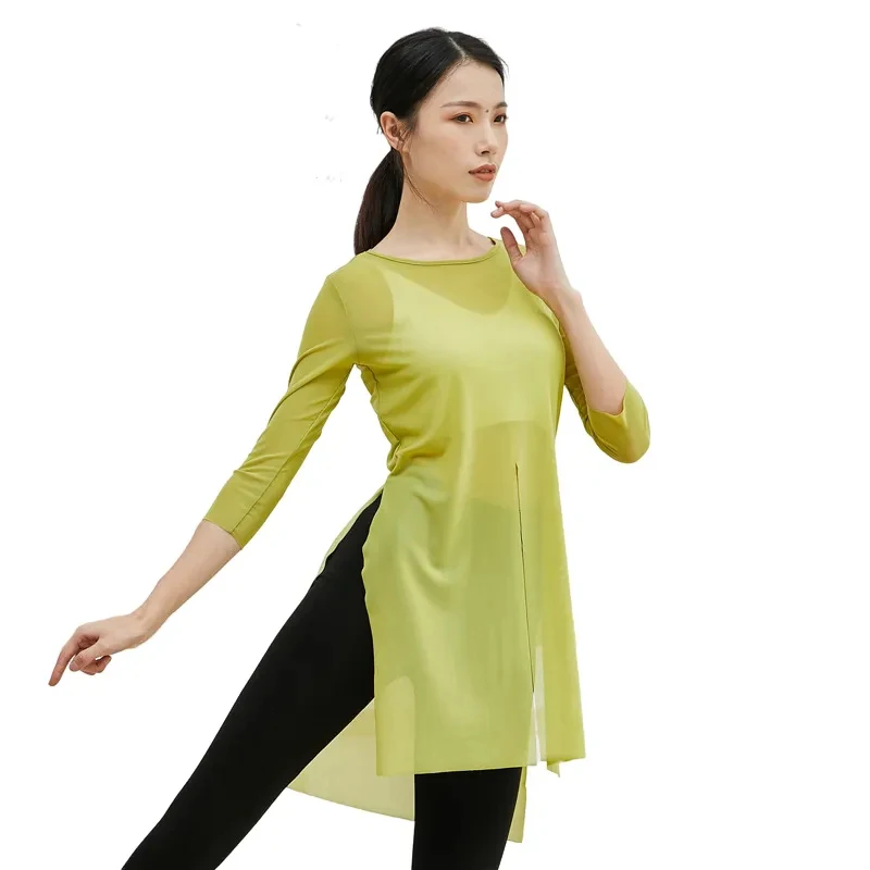 Zomer Klassiek Dans Oefenshirt Doorzichtig Ballet Stretch Mesh Tops Side Split Folk Danser Lichaamsrijm Pakken 3/4 Mouw