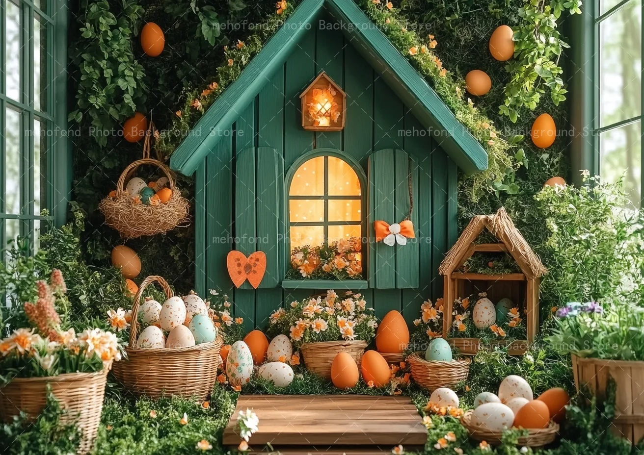 เมโฮฟอนด์การถ่ายภาพพื้นหลังฤดูใบไม้ผลิอีสเตอร์บ้านไม้กระต่ายน้อยสีขาวไข่หลากสีสันเด็กภาพครอบครัวฉากหลังตกแต่ง
