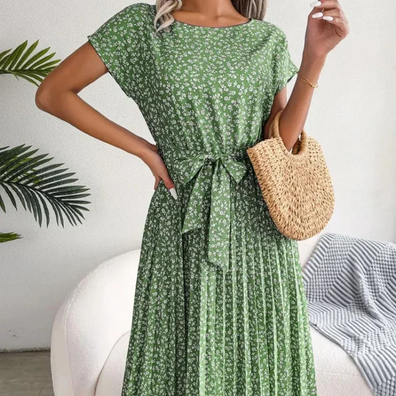 

2024 Fashion Women's Pleated A-line Dress with Short Sleeves and High Waist Vintage Dress Casual Vestido Midi Green Pink Elbise