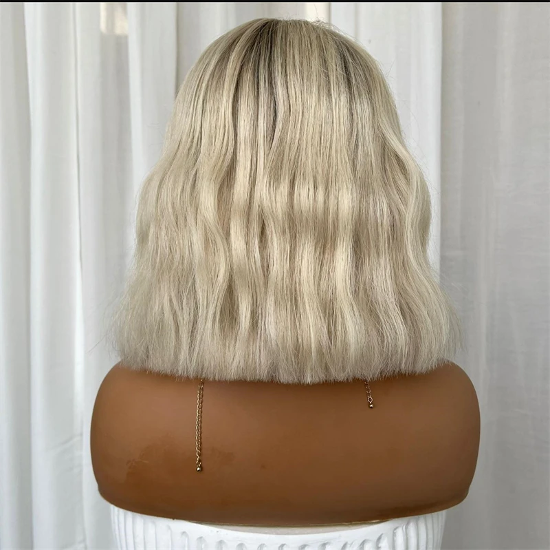 13x4 أومبير شقراء جليدية قصيرة موجة بوب HD شفافة الدانتيل الجبهة الباروكات شعر بشري أشقر بوب شعر مستعار مع جذور داكنة 180% الكثافة 14'' #4