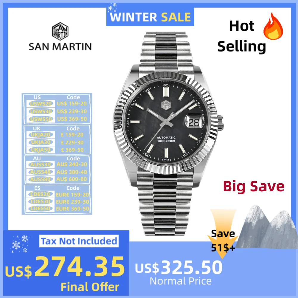 San Martin Retro DATE JUST V2 40mm Men Watch Luxury Automatic Mechanical Watches Sapphire Cyclops 10Bar Luminous BGW-9 SN0059-2