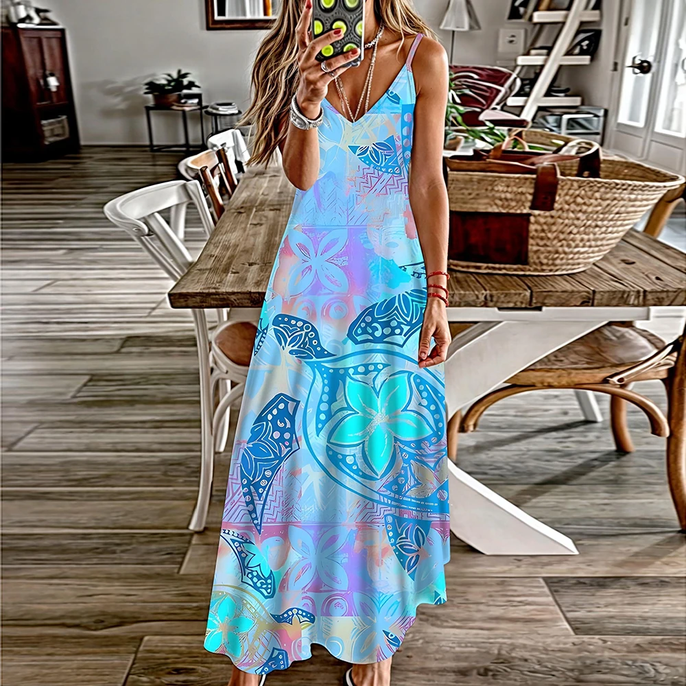 

Summer Women'S Dress 2024 New Colorful Floral Full-Body Print Halter Dress Hawaii Vacation Dress Ladies Plus Size Loose Dress