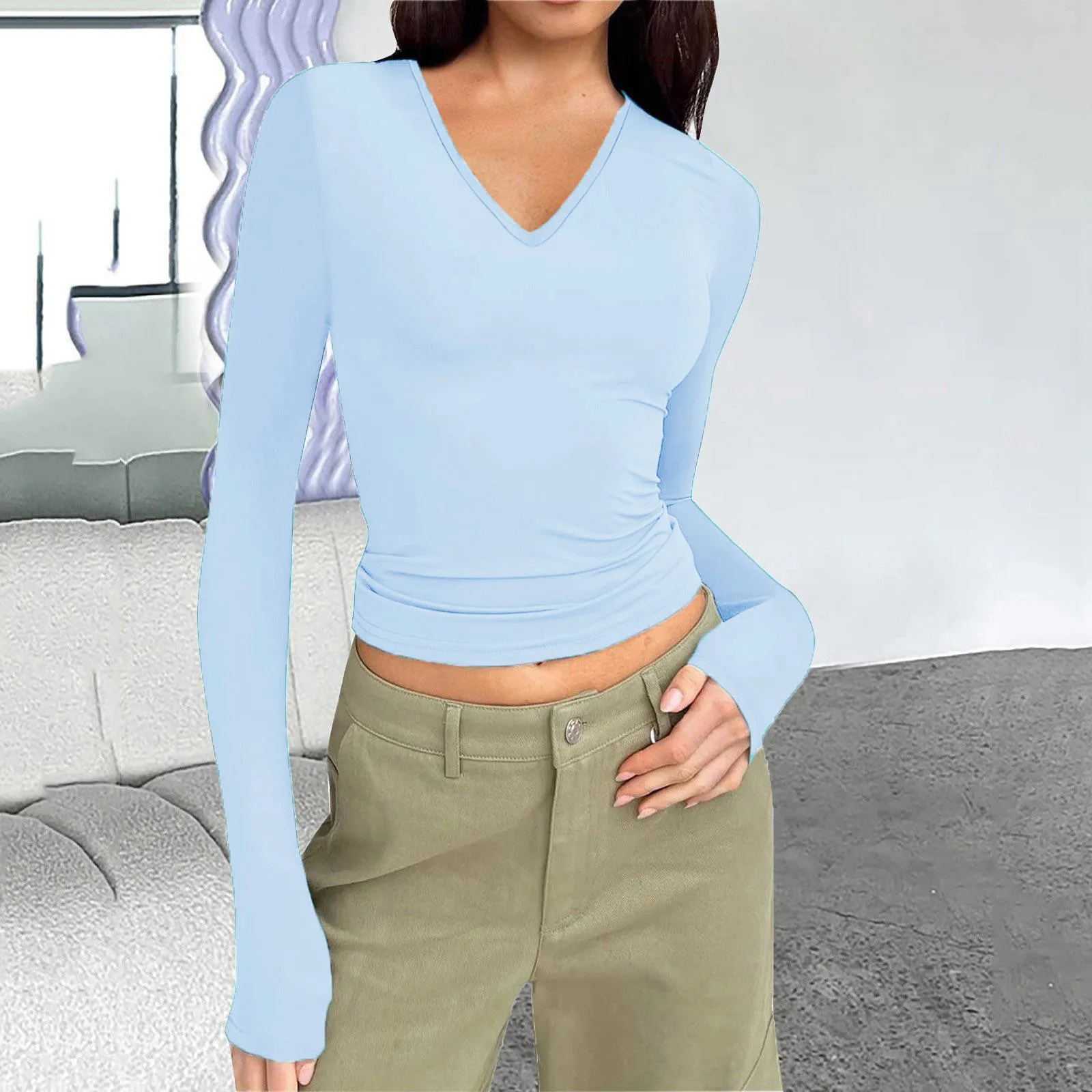 Женский Повседневный однотонный топ с V-образным вырезом и длинным рукавом, костюм 2024, модная облегающая футболка, одежда для женщин