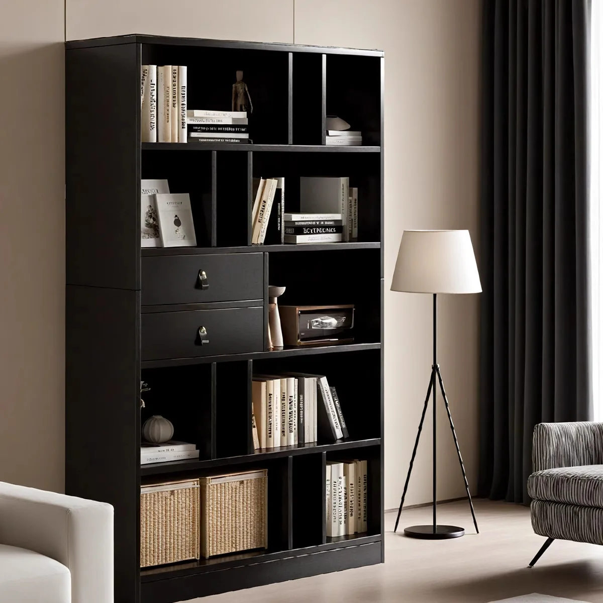 Tall Bookcase, 5 Tier Bookshelf with 2 Drawers Wood Book Display Storage Cabinet for Living Room, Bookshelf Library Furniture