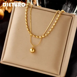 DIEYURO 316L Stainless Steel Gold Color Beads Balls Pendant Necklace For Women Vintage Girls 2in1 Chain Jewelry Birthday Gifts