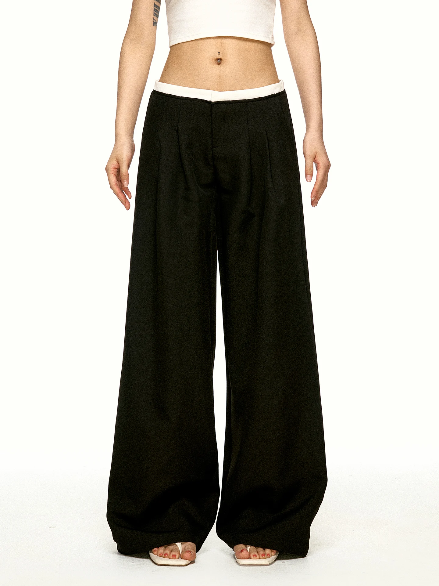 Aaisup Low Waist Wide Leg Suit Pants for Women Black Pleated Drapey Slimming Casual Trousers Autumn Fashion plus Size