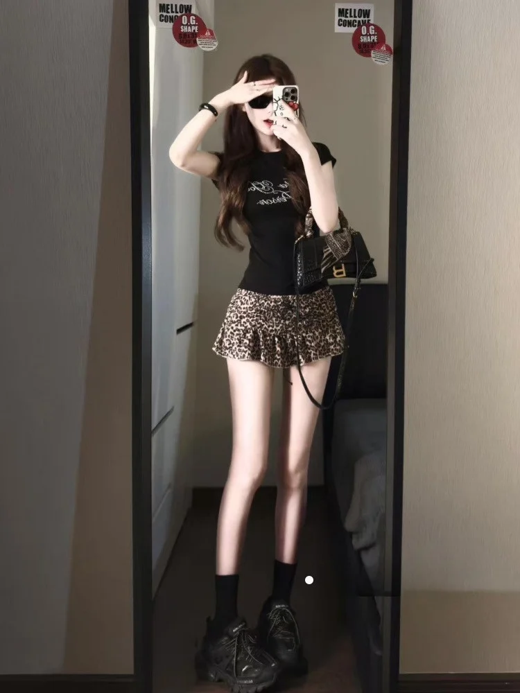 

Slimming A-Line Leopard Print Skirt High Waist Pleated ort Skirt for Women Summer Faion New Sle Commute Korean Ver...