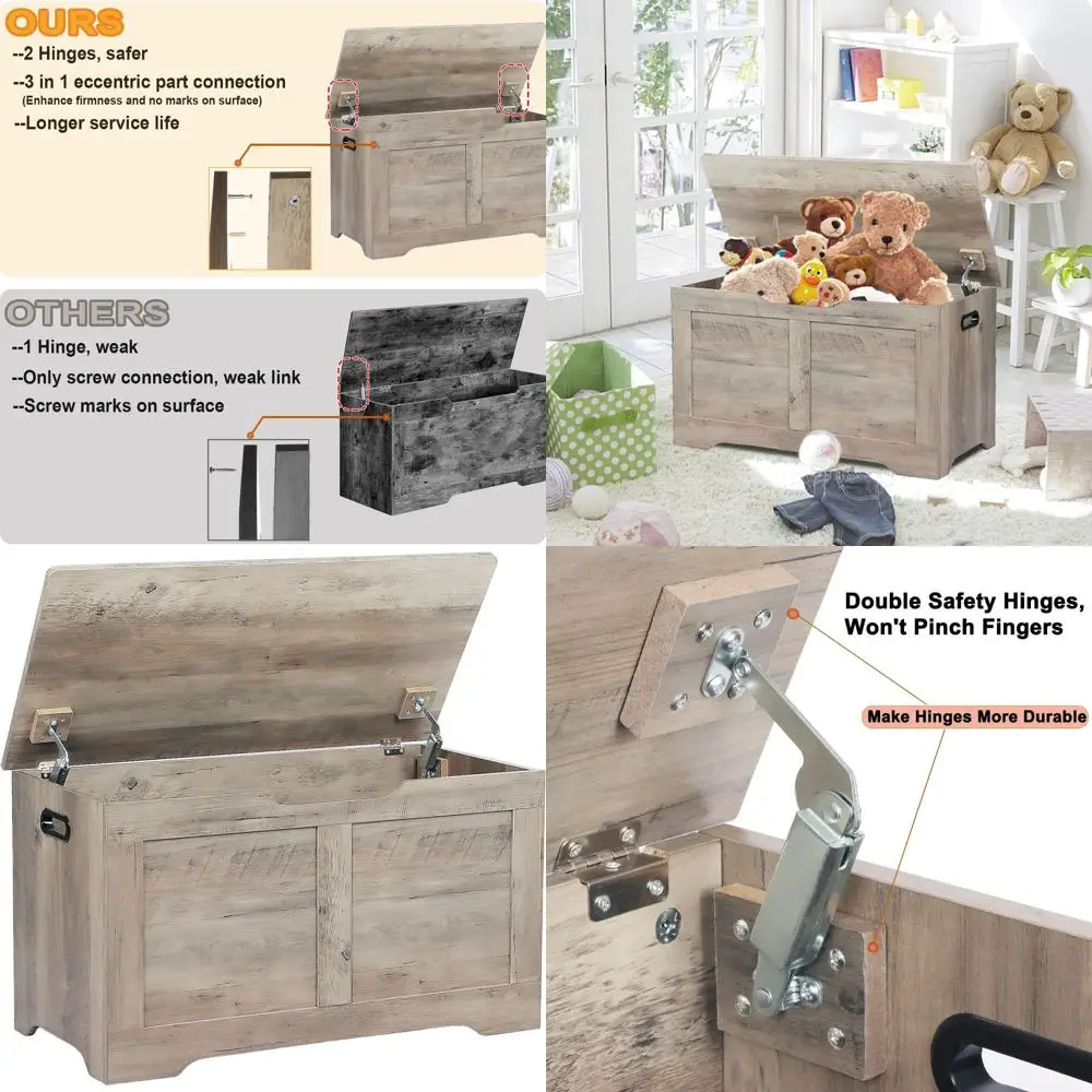 

Large Wooden Storage Chest with Lift Top and Safety Hinges, Grey, Ideal for Living Room and Bedroom, Toy Box, Entryway Shoe Benc