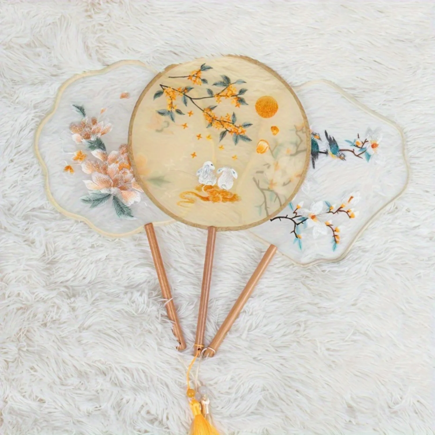 

Elegant Silk Hand Fan with Double-Sided Embroidery, Traditional Chinese Style, Wood Handle & Beautiful Floral Design - Perfect D