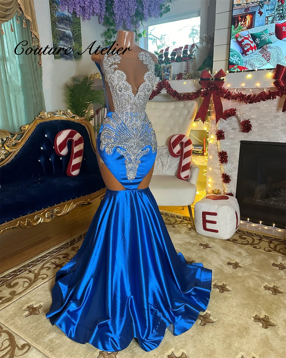 Blue Mermaid Prom Dresses 2025 Black Girls Beaded Rhinestones Crystals Celebration Birthday Party Gowns African Customized