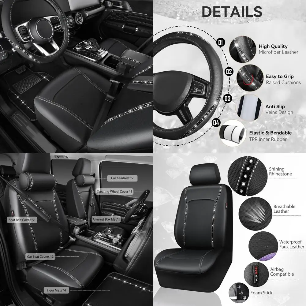 

14 шт. комплект автомобильных аксессуаров с блестящими бриллиантами для женщин, кожаные чехлы на сиденья, передние сиденья, блестящие стразы, 15 дюймов, чехол на руль