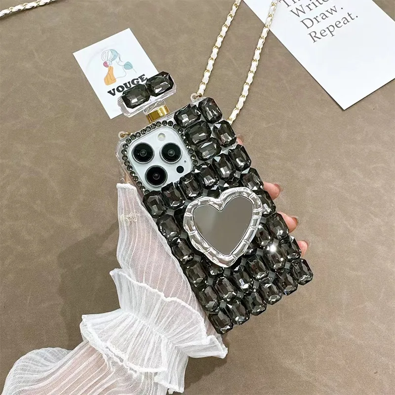 Bling 3D Love Heart Perfume Bottle Rhinestone Case For Iphone 16 15 14 12 11 13 Pro Max Xs Xr Plus DIY Long Strap Diamond Cover