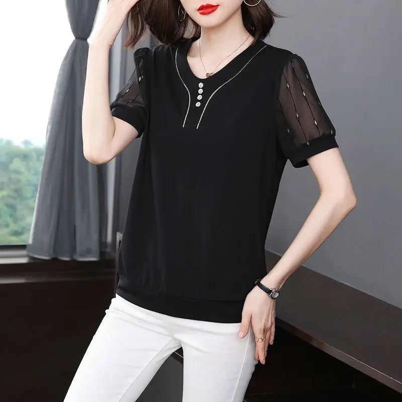 Spring Summer Women\'s Clothing Solid Color Pullover Round Neck Lantern Long Sleeve Chiffon T-shirt Casual Office Lady Tops