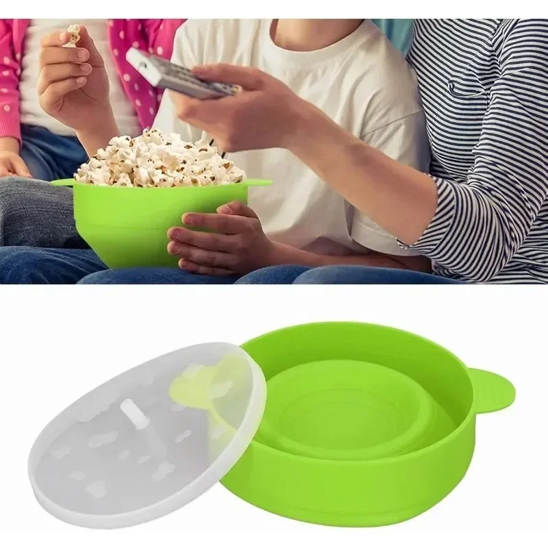 Silicone DIY Microwave Popcorn Bowl Bucket Popcorn Maker with Lid Chips Fruit Bowl Collapsible Bowl Multifunction Kitchen Tools